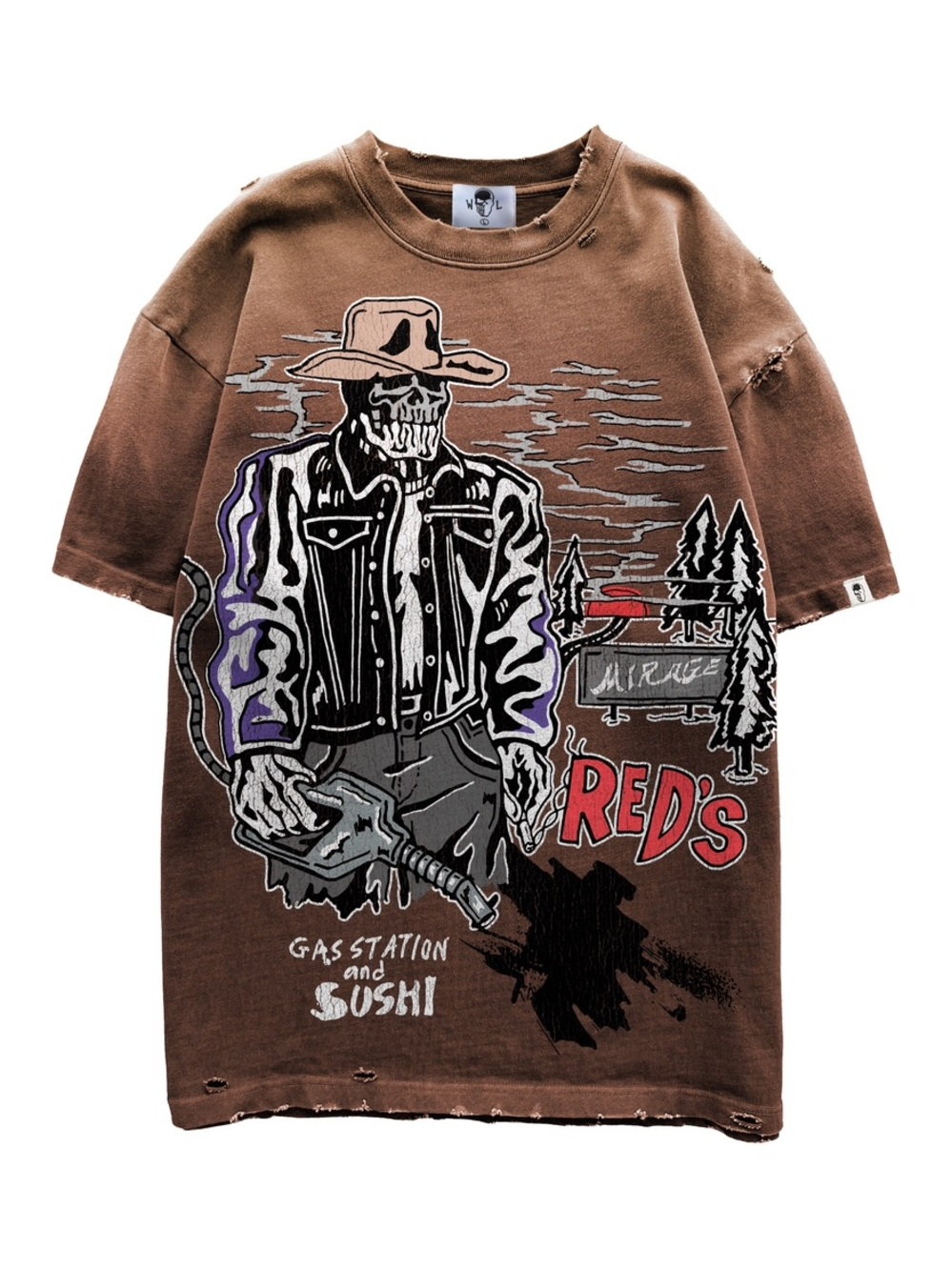 Warren Lotas Reds Country Gas Station and Sushi tee brown